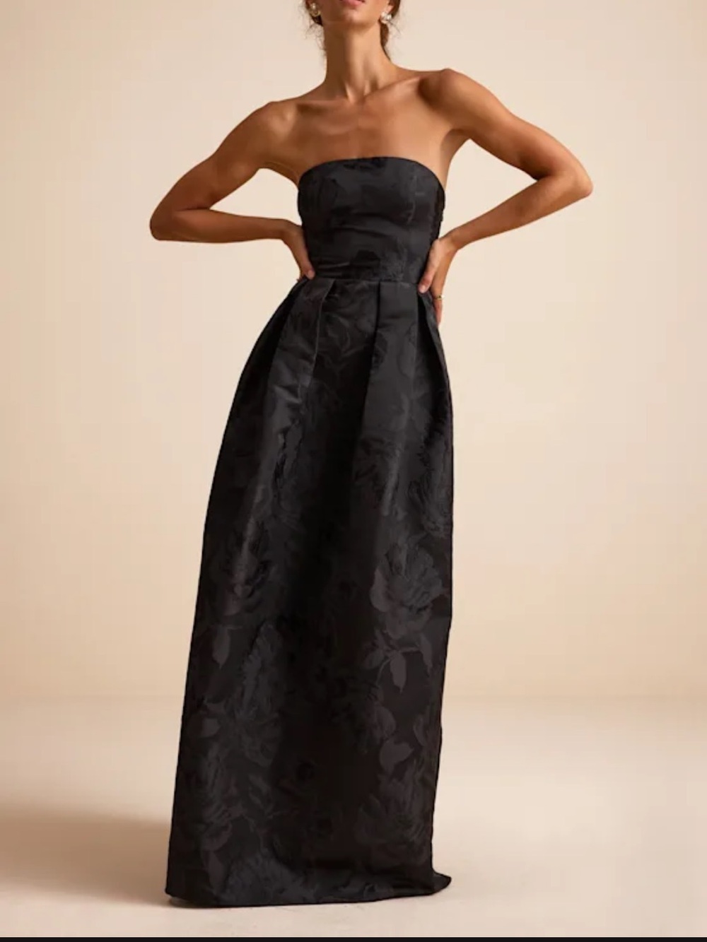 Lulus Laurelin Black Floral Jacquard Pleated Strapless Maxi Dress (Size L) NWT